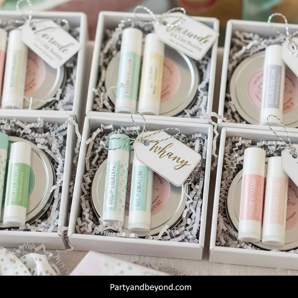 Elegant baby shower favor boxes with personalized tags and skincare products. Perfect inexpensive gi.