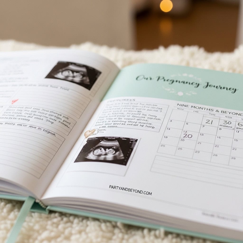 Open baby memory book with ultrasound photos for gender reveal celebration.