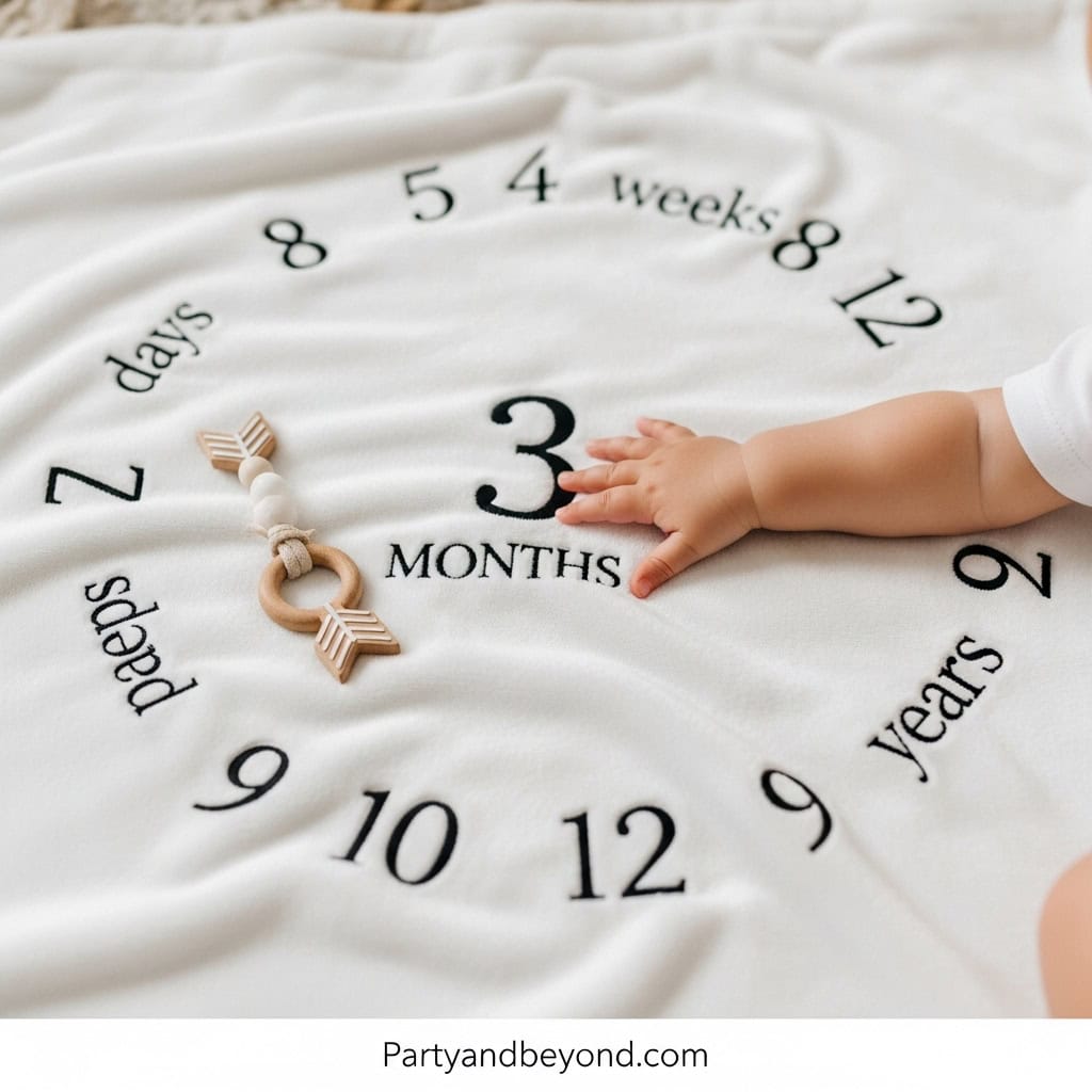 Cute baby milestone clock with a child's hand pointing to 3 months, perfect for celebrating baby's g.
