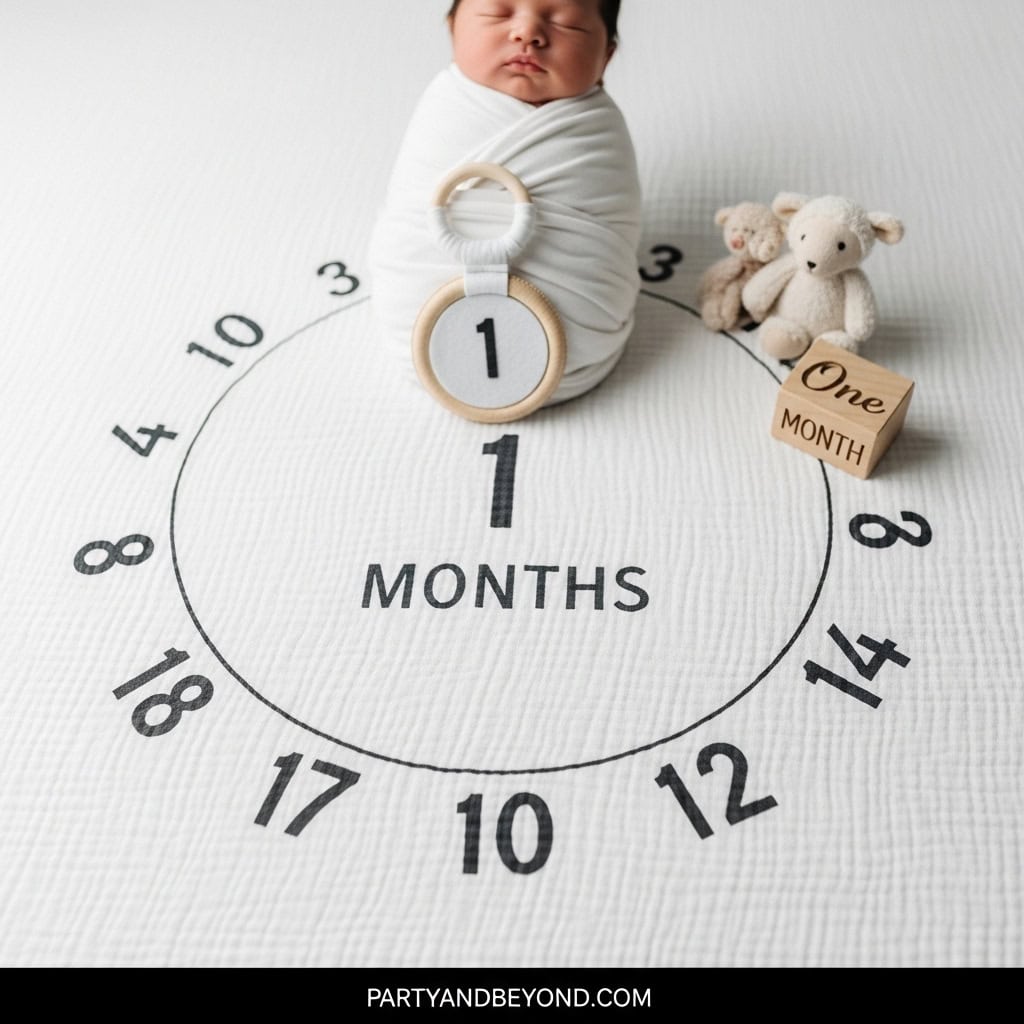 Baby's first month milestone with plush toys and gender-neutral decor for gender reveal celebrations.