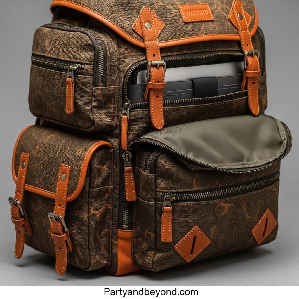 Backpack with multiple compartments and leather accents for teens.