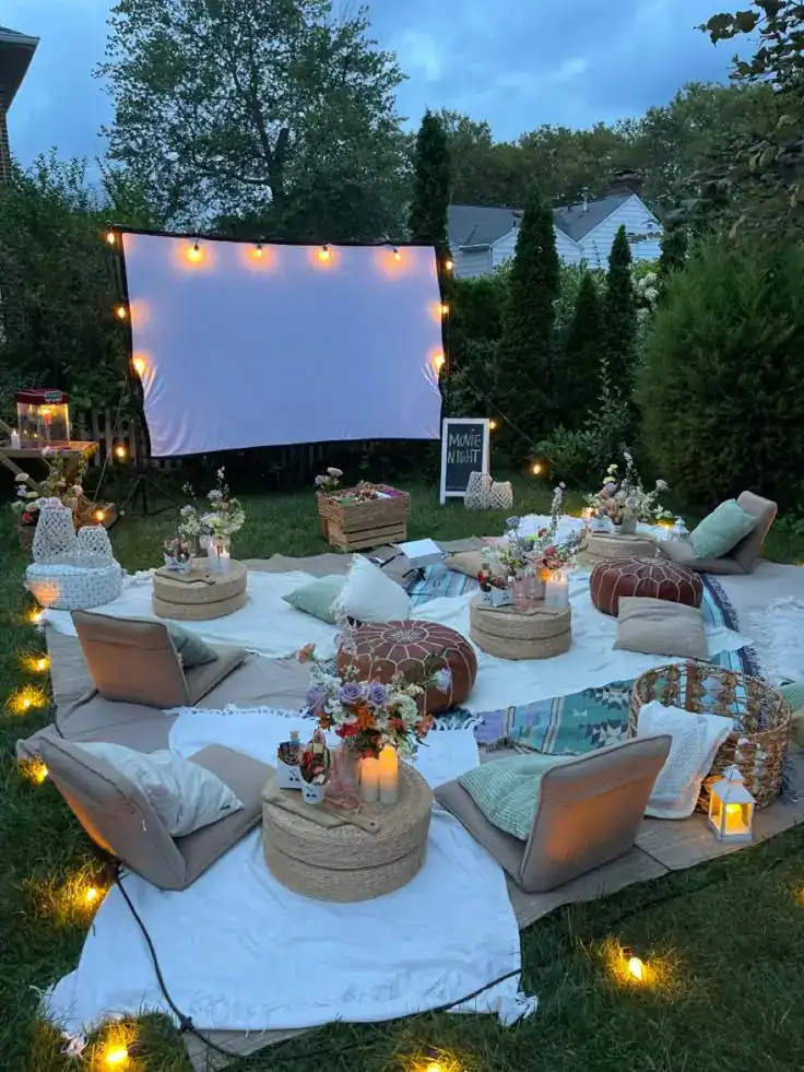 Backyard movie night setup for graduation party.