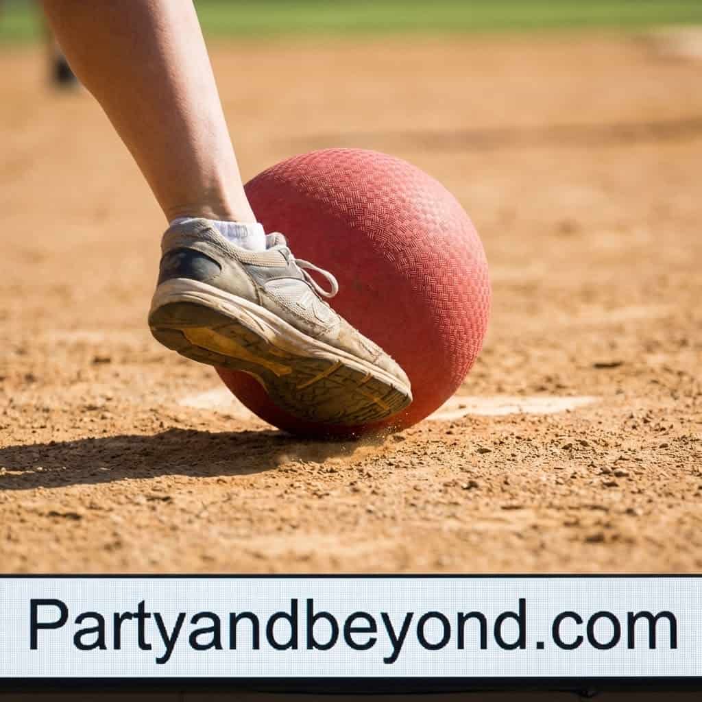 Child's foot kicking a red ball during a field day game for kids.