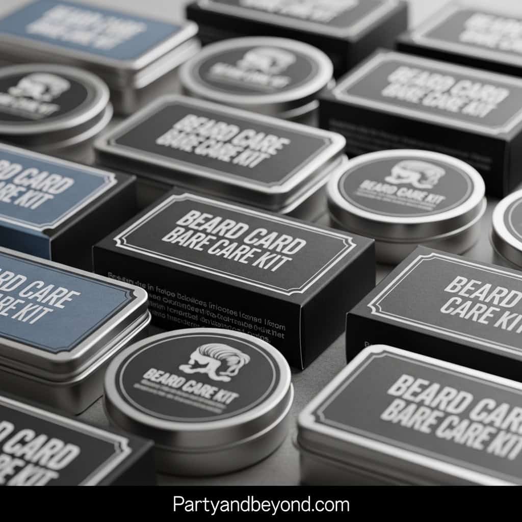 Beard care gift set with grooming products in black packaging.