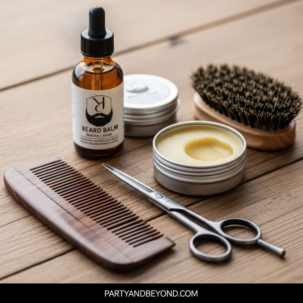 Beard grooming essentials with balm, comb, scissors, and brush for stylish men.
