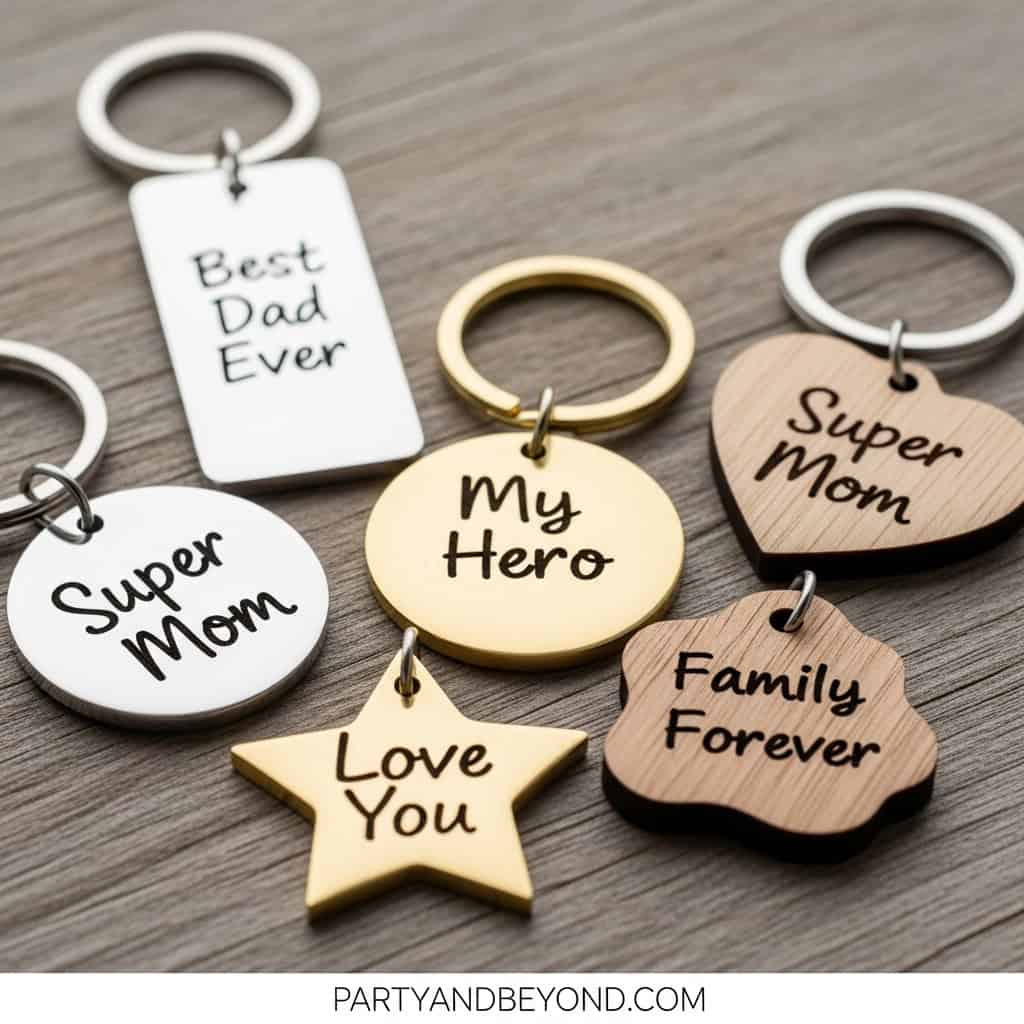 Set of personalized Father's Day keychains with heartfelt messages for dad.