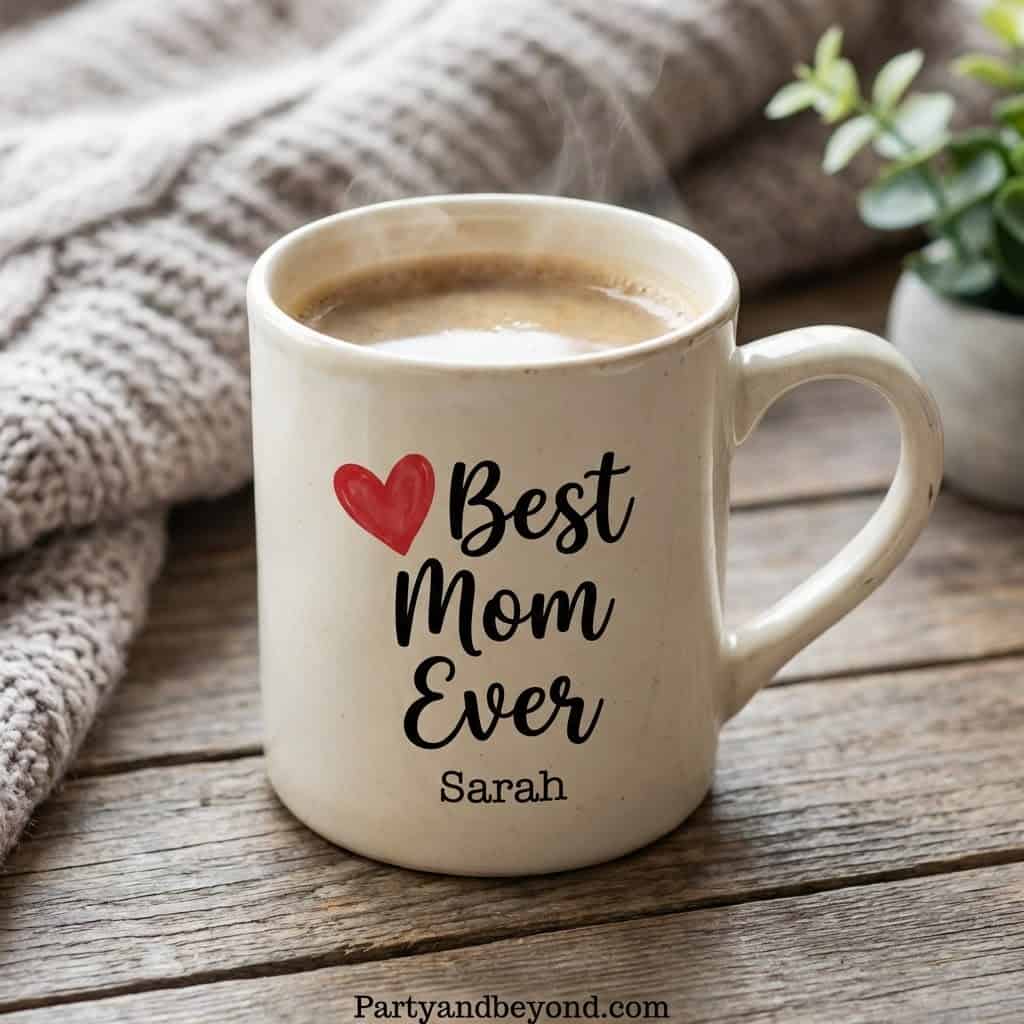 Personalized "Best Mom Ever" coffee mug with heart design, perfect gift for Mother’s Day 2026.