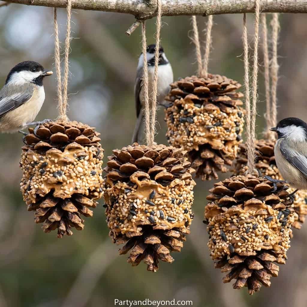 Birdseed pinecone ornaments hanging on a branch with small birds feeding.