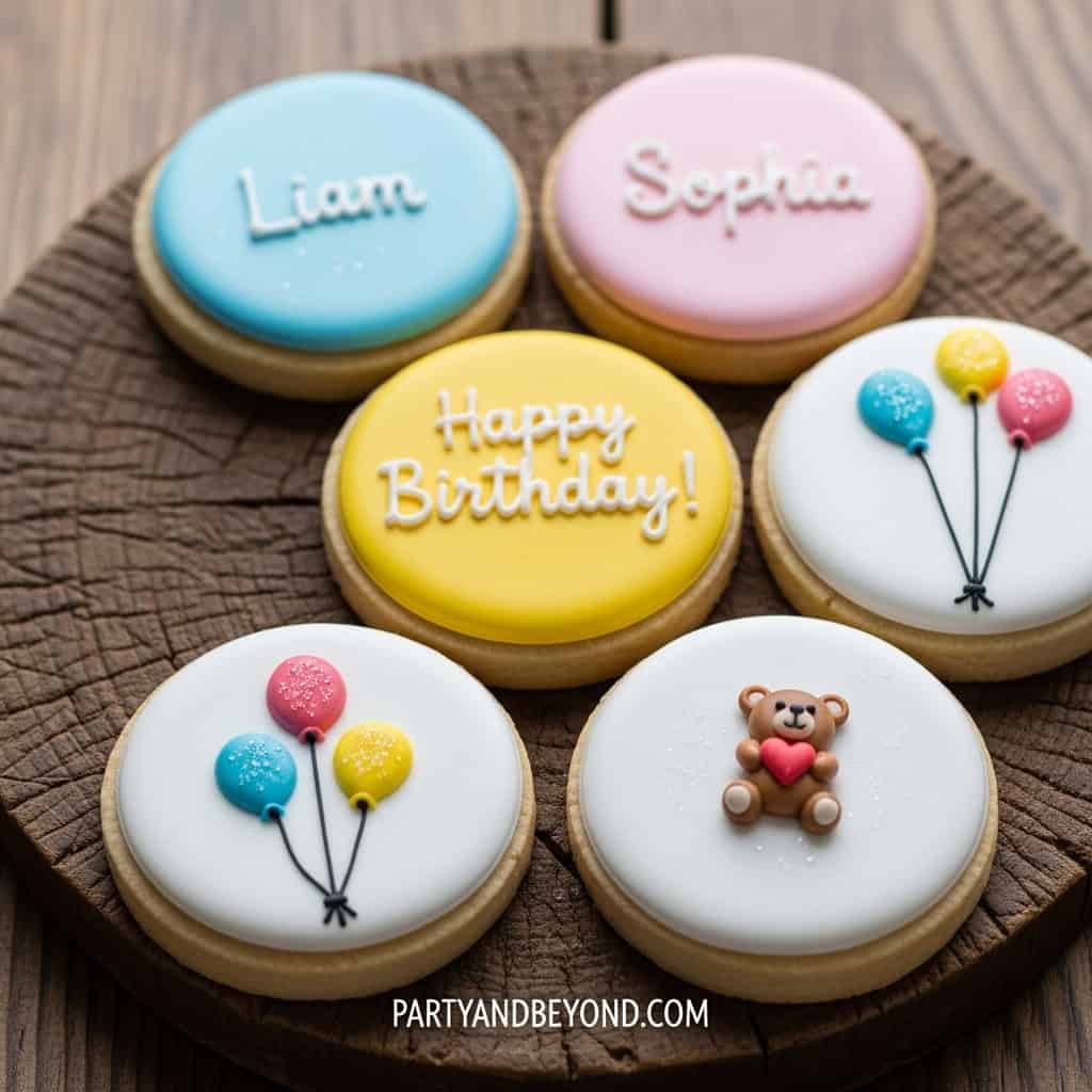 Decorated cookies with baby shower themes and names for guests.