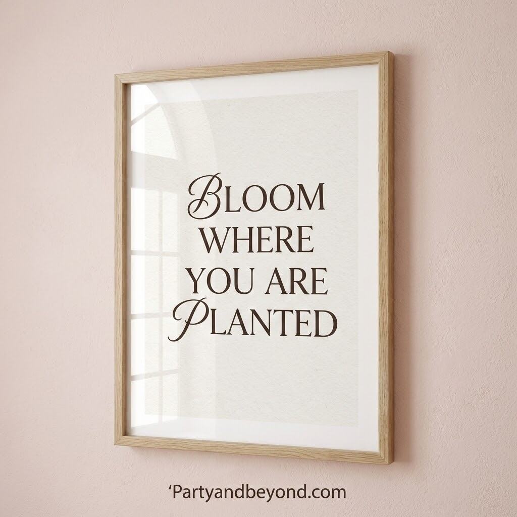 Inspirational quote wall art with the phrase "Bloom where you are planted" for home decor and party.