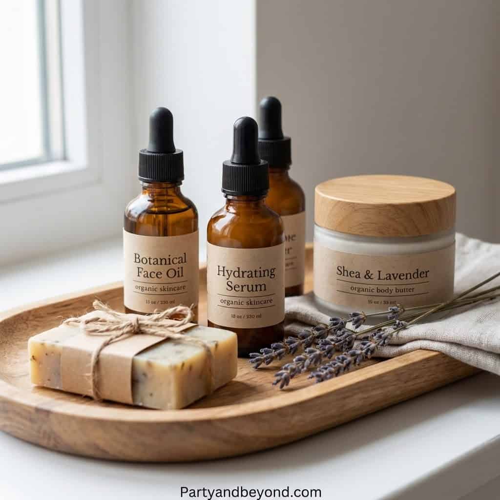Organic skincare gift set with face oil, serum, body butter, and soap for Mother's Day. Perfect birt.