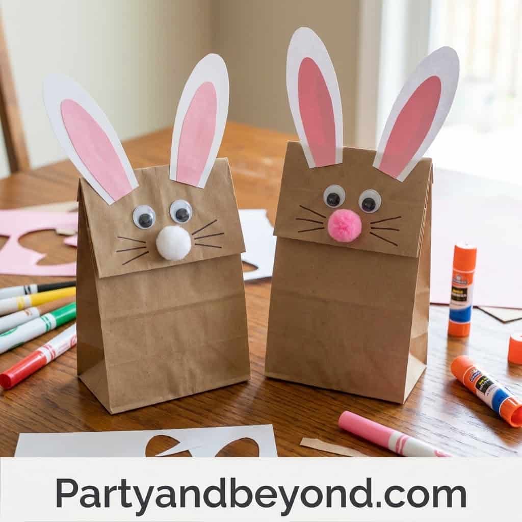 Cute bunny paper gift bags with googly eyes and pink noses for kids' crafts.