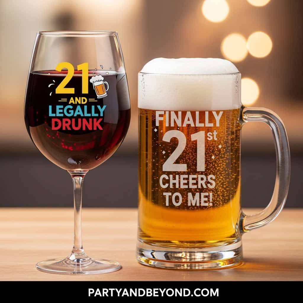 Glass of red wine and beer mug with birthday message for 21st celebration.