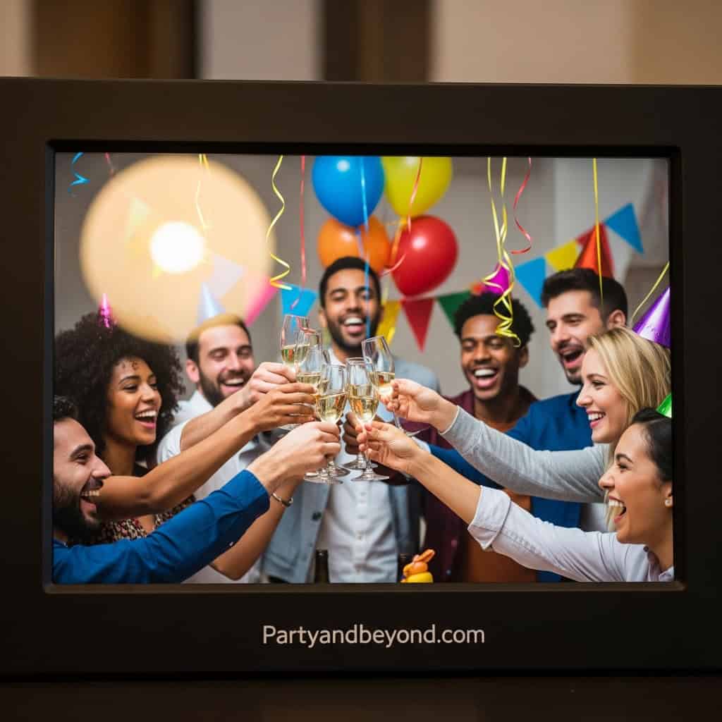 Group of friends celebrating with champagne at a baby shower event.