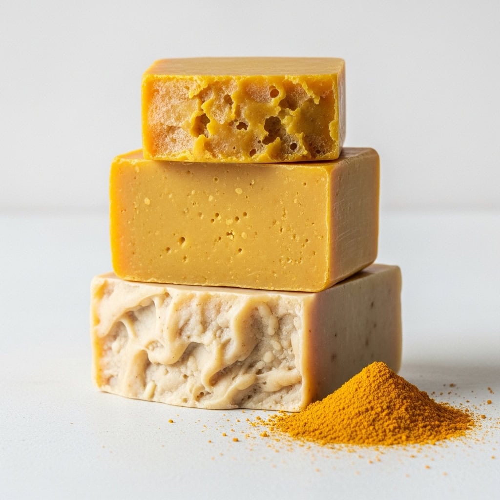 Natural cheese and turmeric soap bars stacked with turmeric powder on white background.