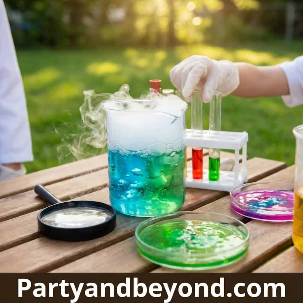 Experimenting with colorful liquids in test tubes for summer birthday fun.