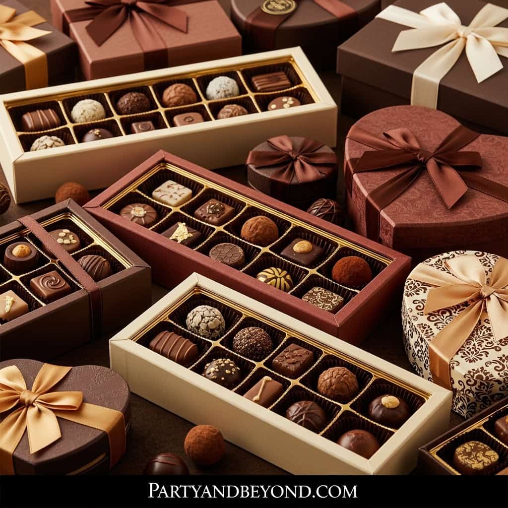 Delicious assorted chocolates in elegant gift boxes, perfect as inexpensive baby shower favors for g.
