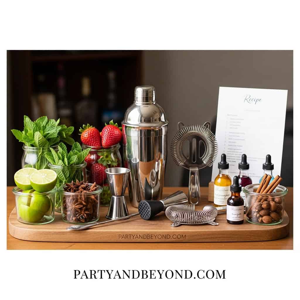 Elegant cocktail mixing station with fresh ingredients and tools for a 21st birthday party.