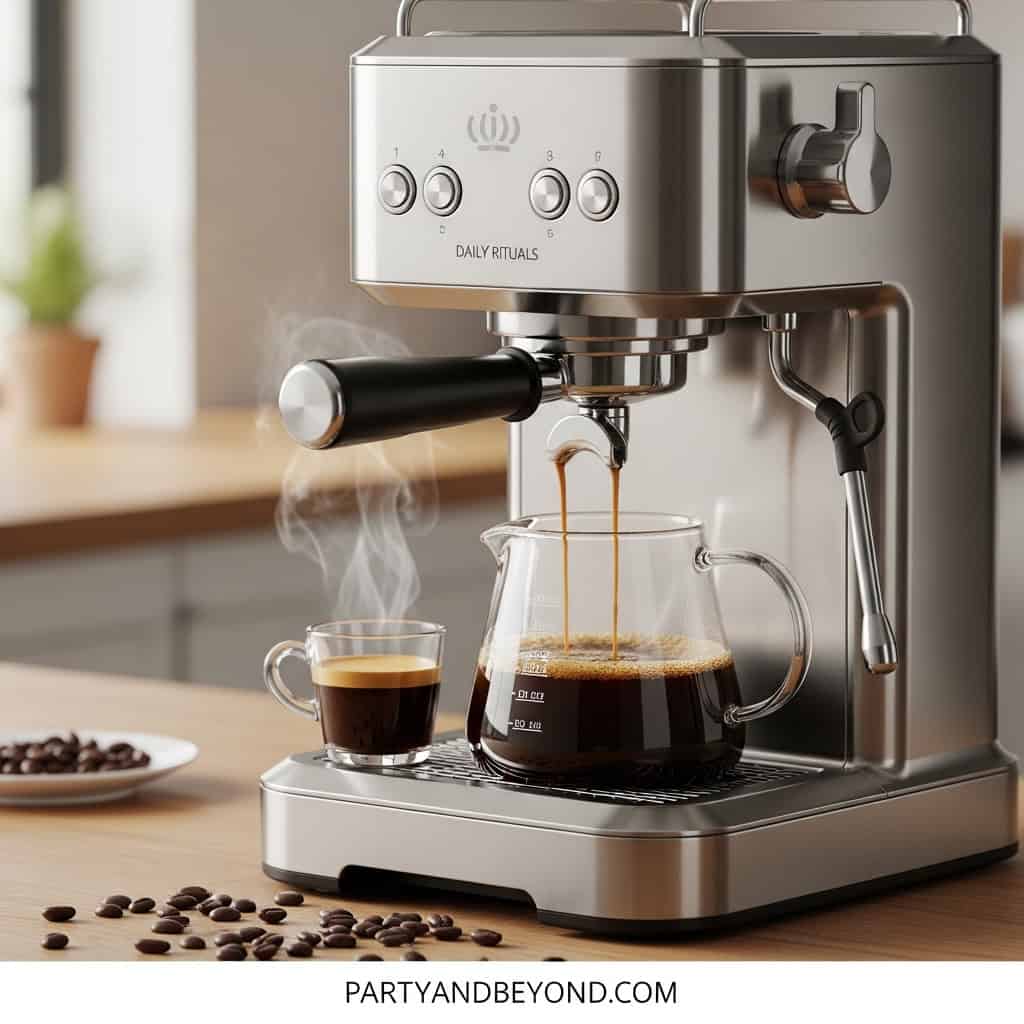 Coffee machine brewing fresh coffee in a modern kitchen setting.
