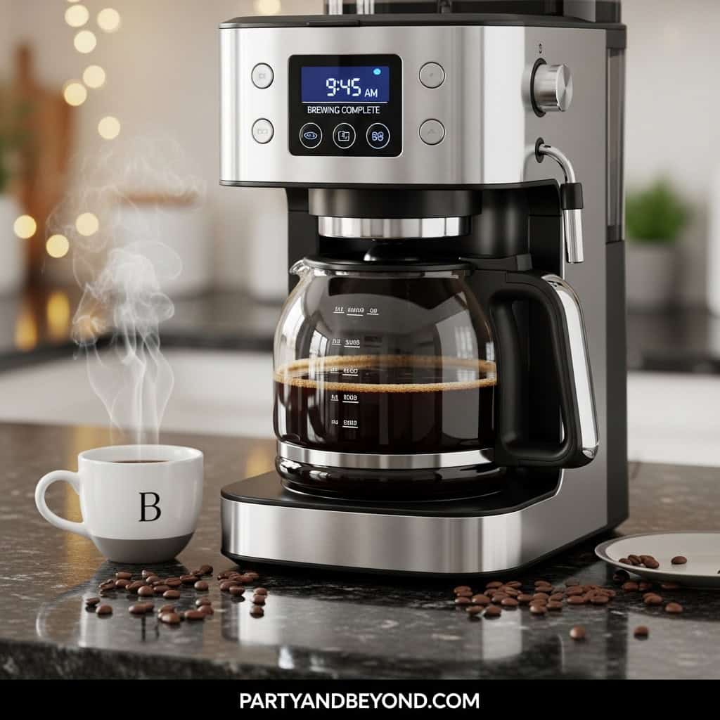 Coffee maker brewing fresh coffee in a modern kitchen setting.