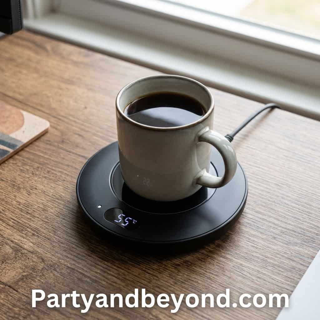 Coffee mug on a smart wireless charging coaster for convenient charging and beverage enjoyment.