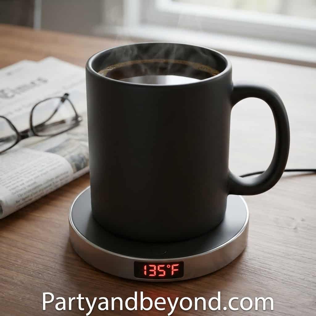 Coffee mug on a smart temperature-controlled coaster, ideal for cozy mornings and thoughtful Mother'.