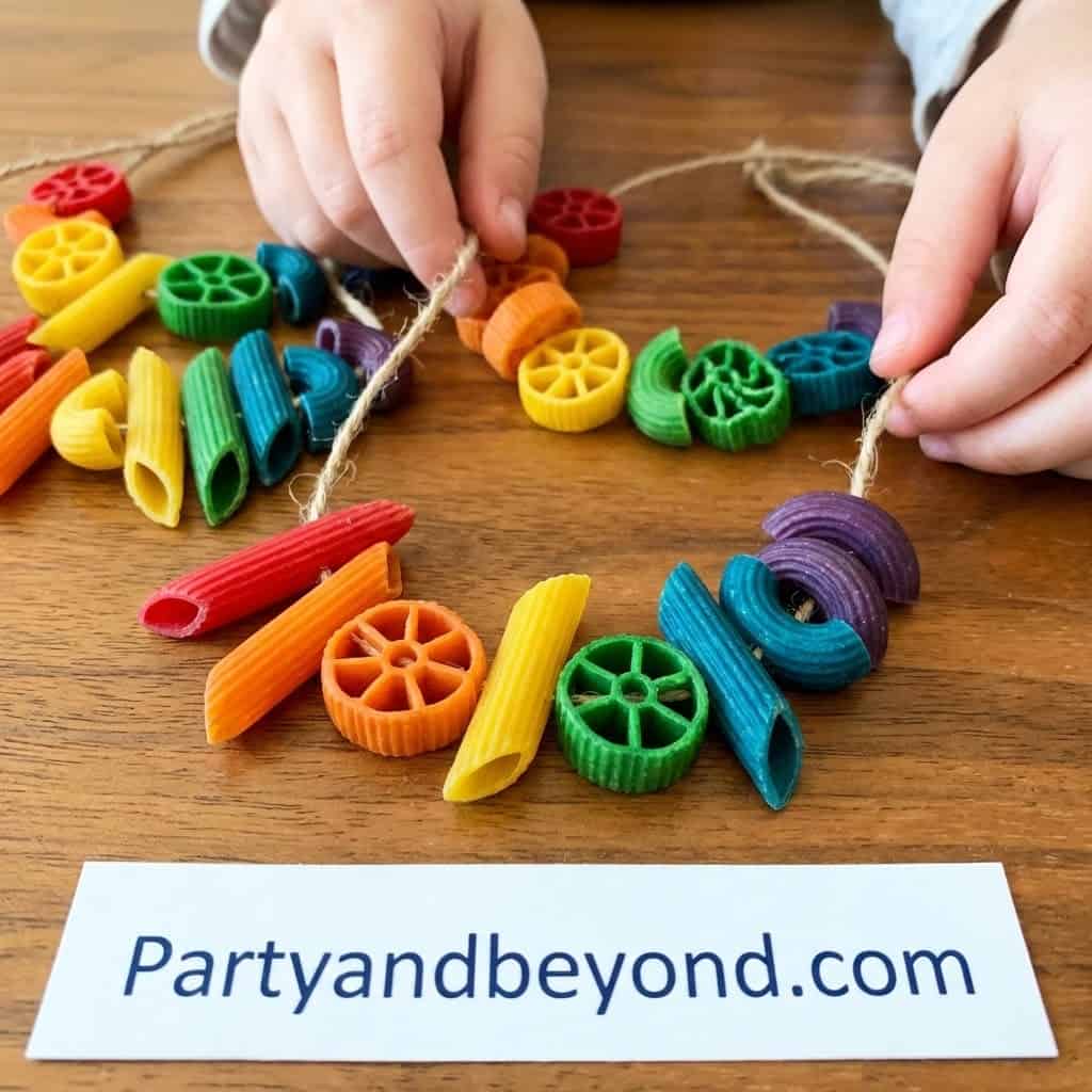Vibrant pasta shapes used in fun kids' craft project for spring.