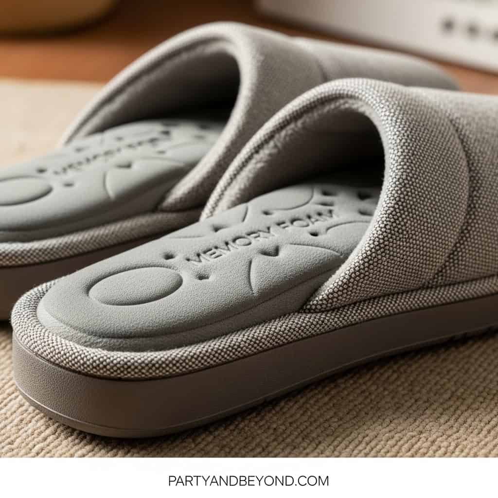 Gray memory foam slippers for women, perfect for relaxing at home or as a thoughtful baby shower gif.