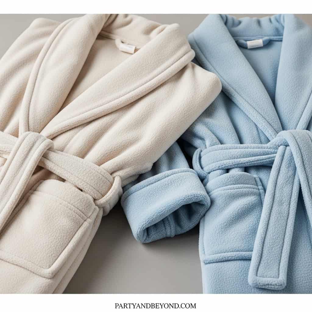 Soft beige and blue bathrobes with belts, perfect for comfort and relaxation.