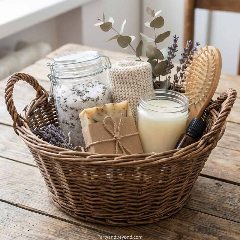 Elegant self-care gift basket with candles, soap, and natural accessories for a Sweet 16 celebration.