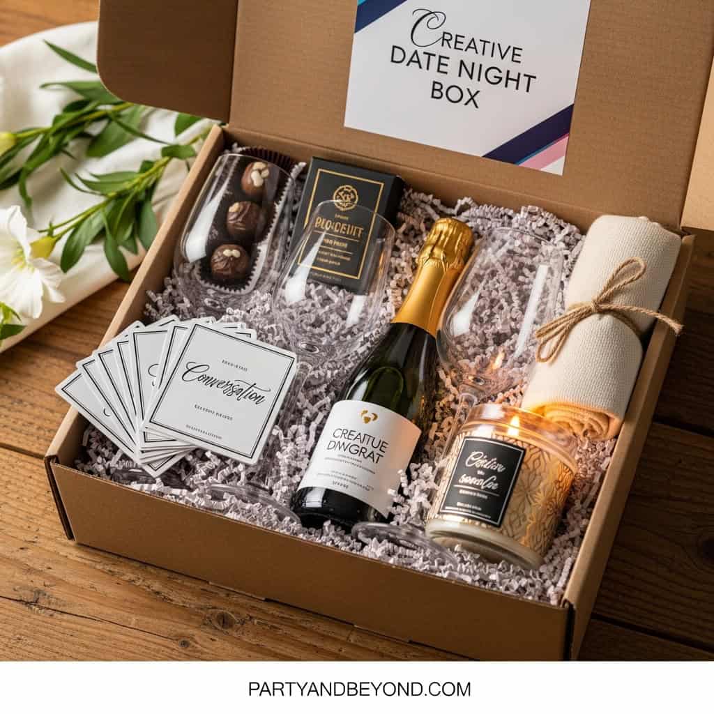 Romantic date night gift box with wine, chocolates, and candles for special occasions.