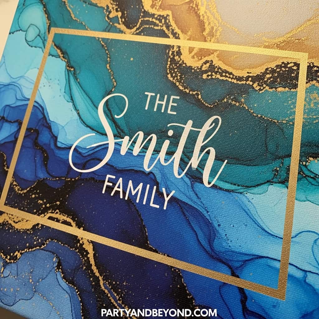 Personalized family name wall art with elegant blue and gold design, perfect for celebrating anniver.
