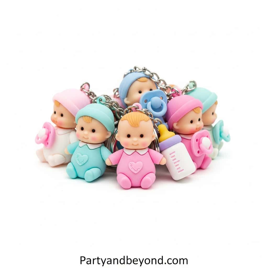 Baby shower gift keychains with adorable pastel baby figurines, ideal for guests and party favors.