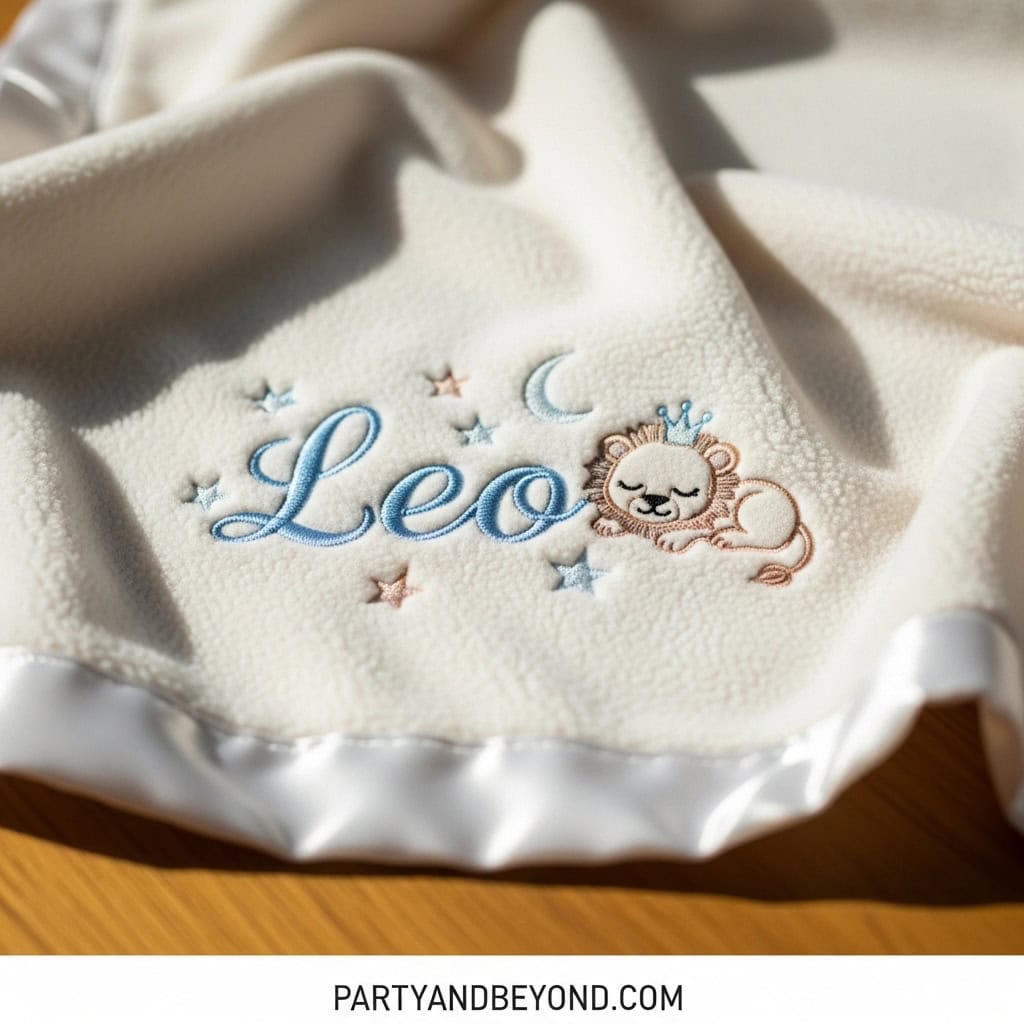 Personalized baby blanket with lion embroidery, stars, and moon for gender reveal gifts.
