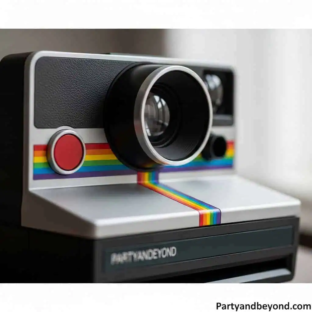 Vintage instant camera with rainbow stripe design.