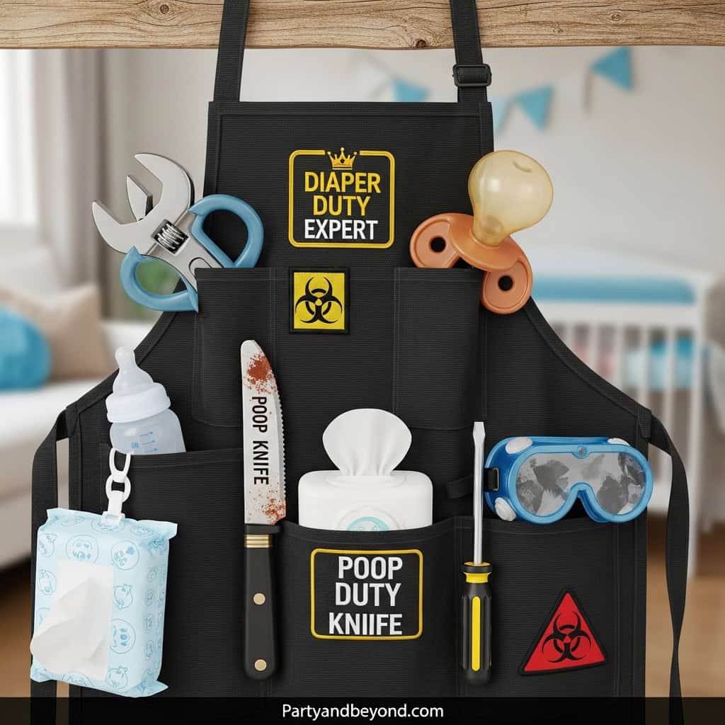 Emergency diaper duty kit with tools for new parents.