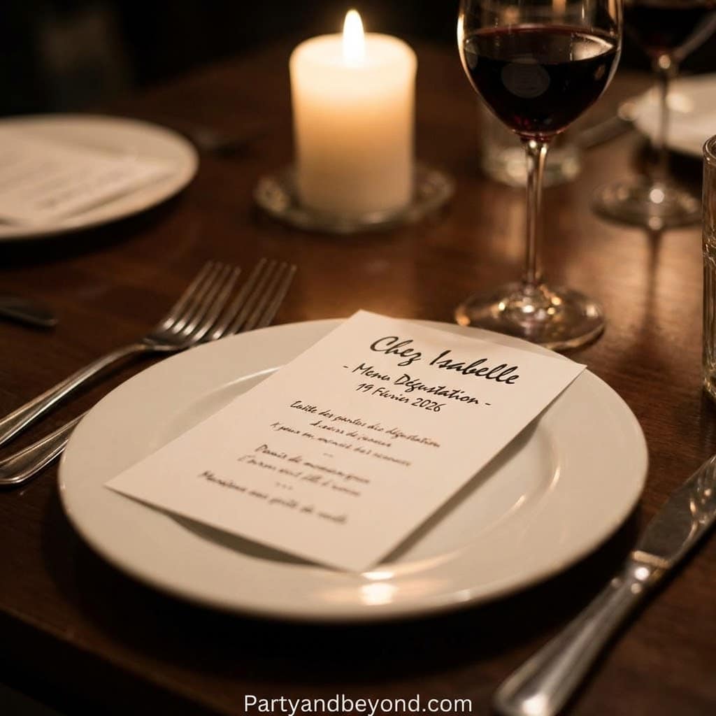 Elegant dinner table with personalized place card, wine glass, and candlelight for a sophisticated e.