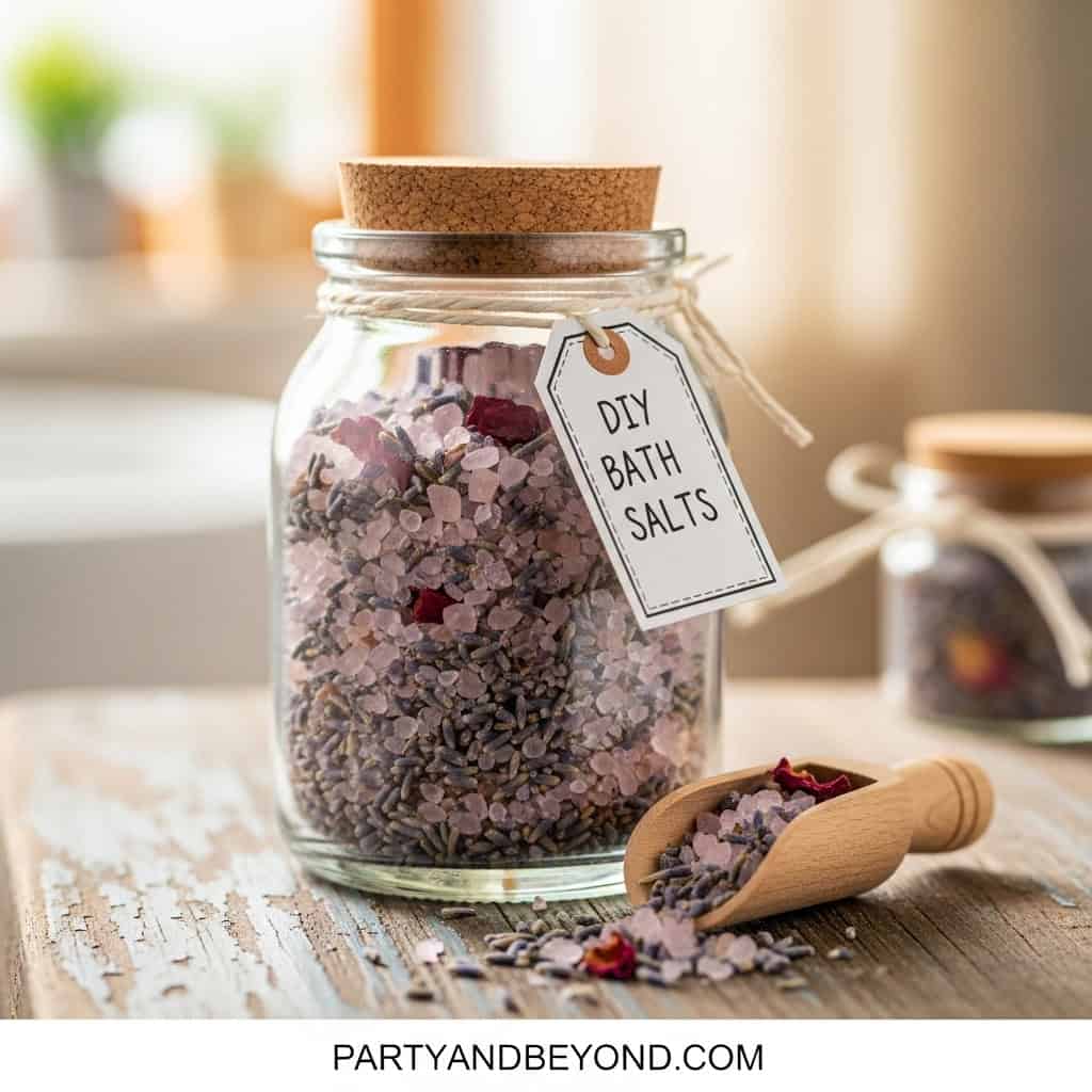 Handmade DIY bath salts in a glass jar with a cork lid, perfect for baby shower favors.