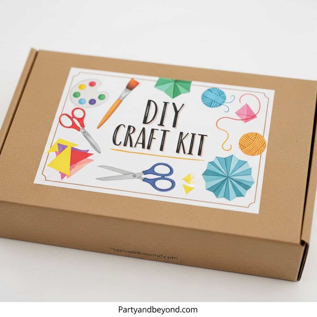 DIY craft kit with scissors, paper, and decorations for teen birthday parties.