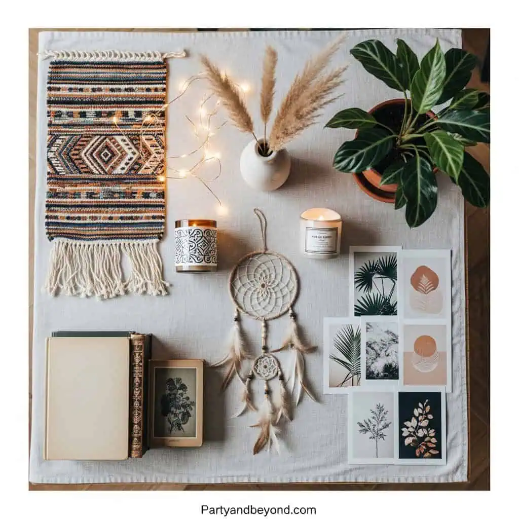 Decorative boho-style workspace with plants and art.