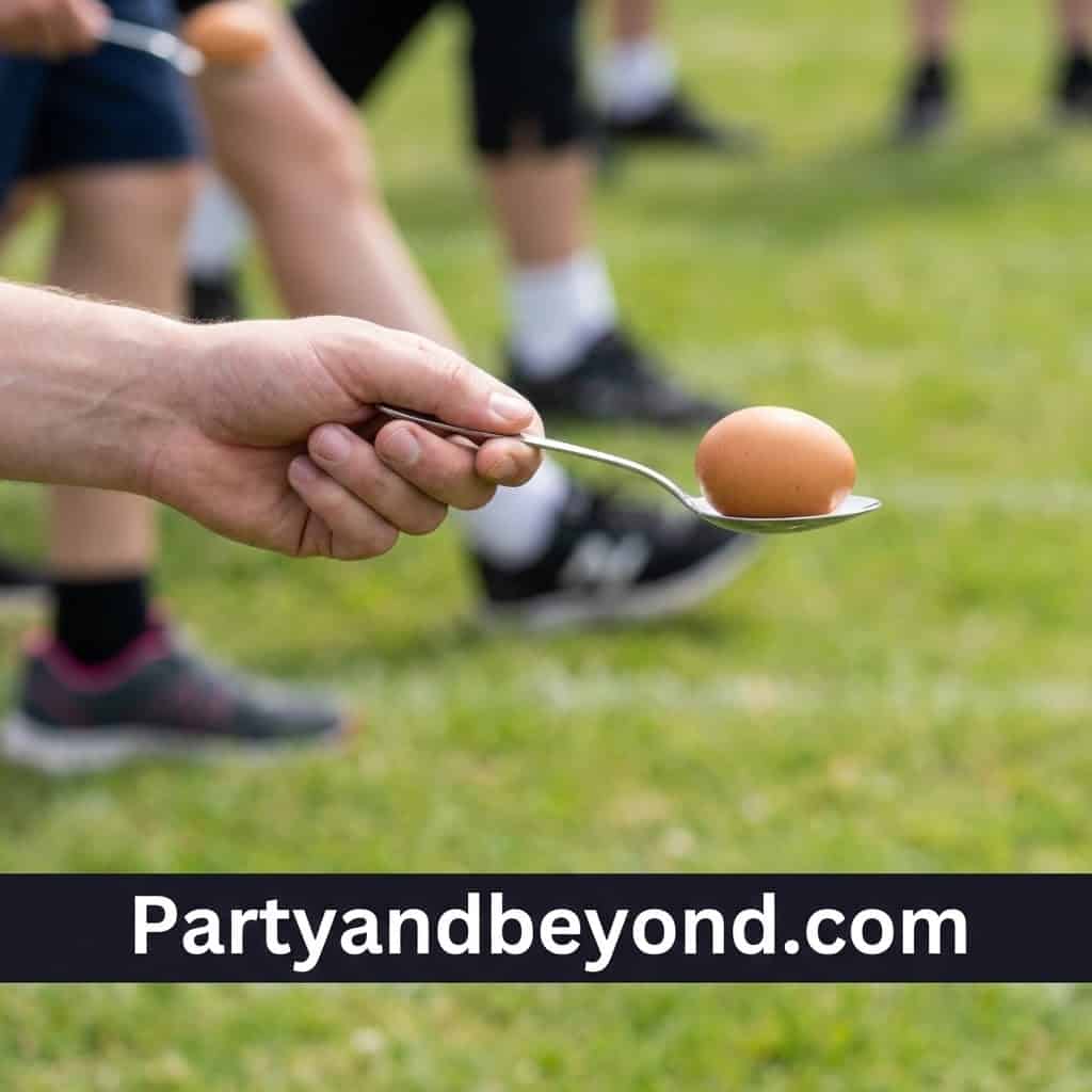 Egg and spoon race for kids at outdoor field day activity.