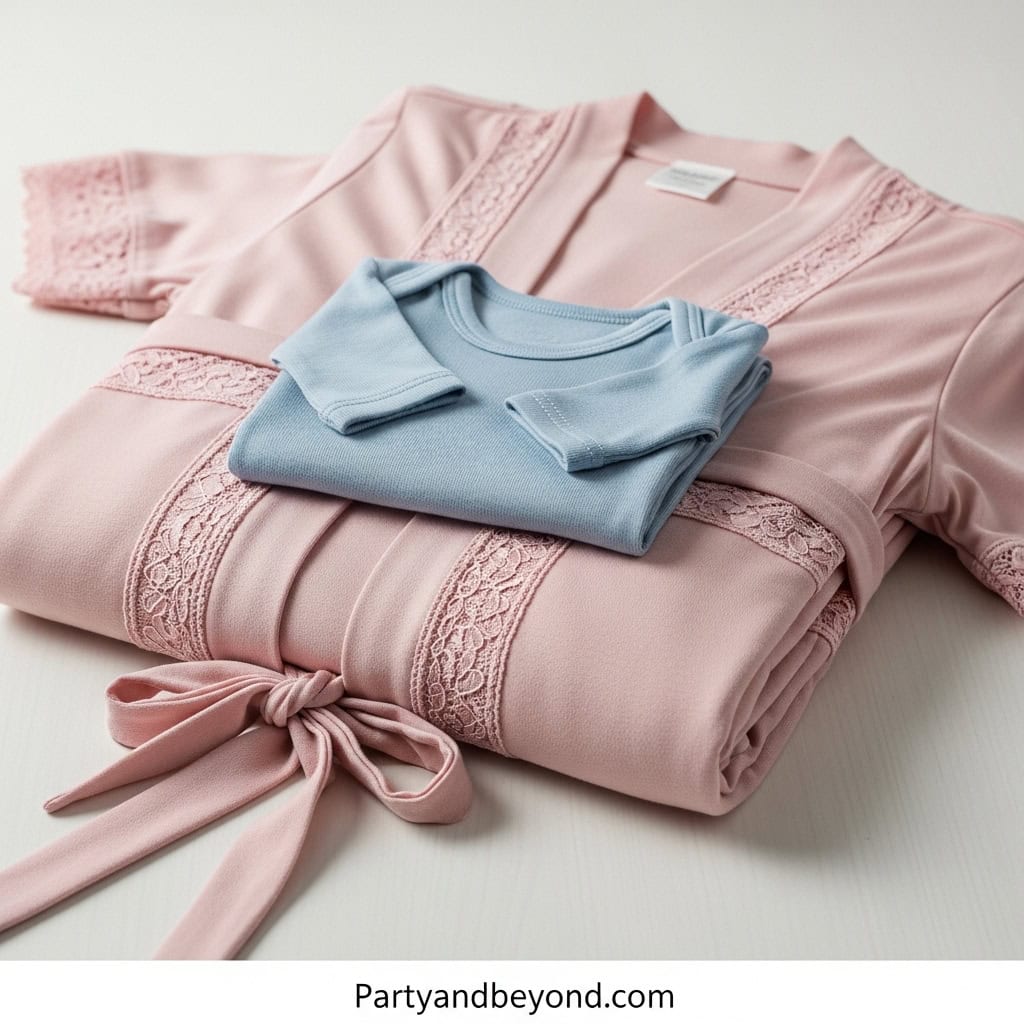 Baby shower gift ideas featuring a pink robe and blue baby clothes, perfect for celebrating new moms.