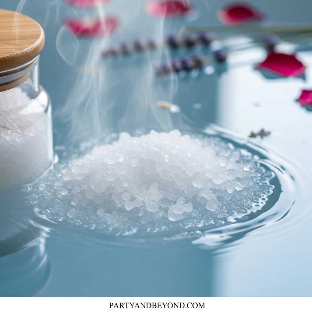 Luxurious bath salts with rose petals, perfect for a calming baby shower gift for mom.