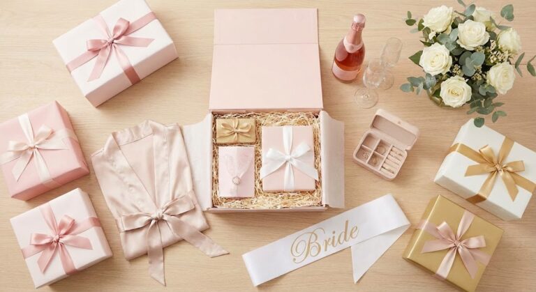 Beautiful bridal shower gift set with pink and white boxes, roses, and a "Bride" sash for a memorabl.