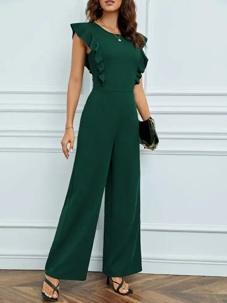Stylish green jumpsuit with ruffled sleeves, perfect for St. Patrick's Day outfits for women.