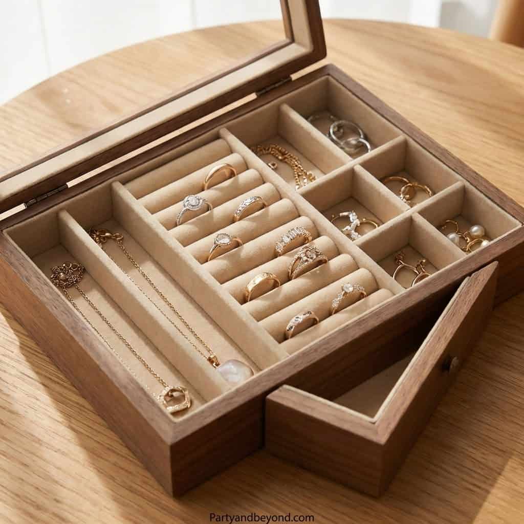 Beautiful jewelry storage box with rings, necklaces, and earrings for Mother's Day.