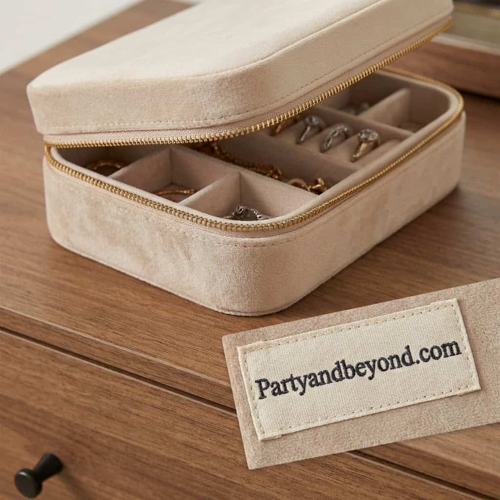 Velvet jewelry storage case with compartments for rings, necklaces, and earrings.