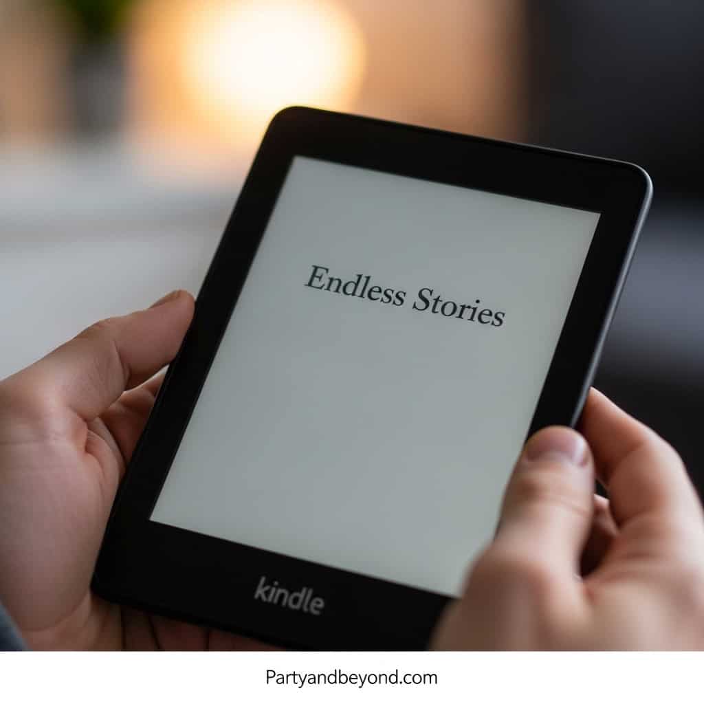 Kindle e-reader displaying "Endless Stories" for book lovers.