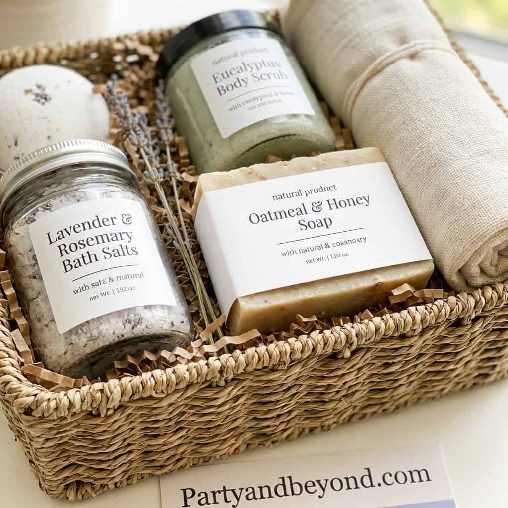 Eucalyptus Body Scrub, Lavender & Rosemary Bath Salts, Oatmeal & Honey Soap in a gift basket.