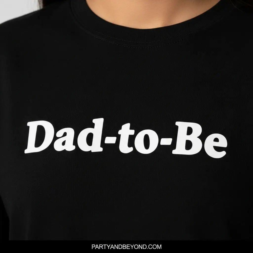 Black "Dad-to-Be" T-shirt for gender reveal celebrations and baby shower gifts.